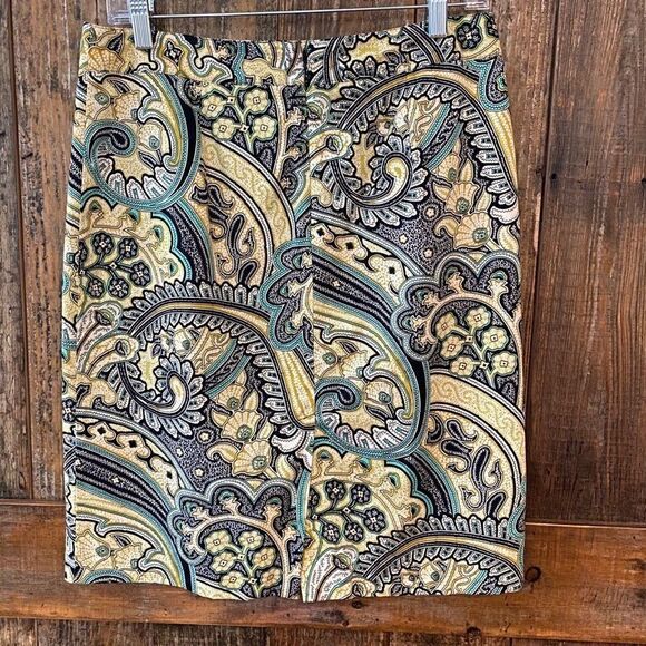 Van Heusen Sz 4 Yellow Teal Paisley Pencil Career Skirt - Picture 4 of 7